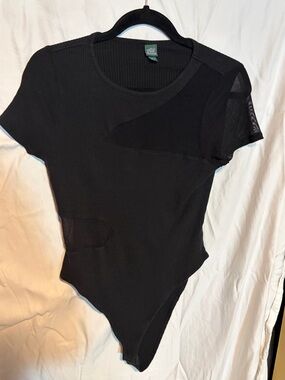 wild fable Black Ribbed Short-Sleeve Asymmetric Bodysuit with Mesh Insets